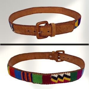VTG Handcrafted Leather Belt 30 Southwestern Aztec Woven Tapestry Boho Cowgirl